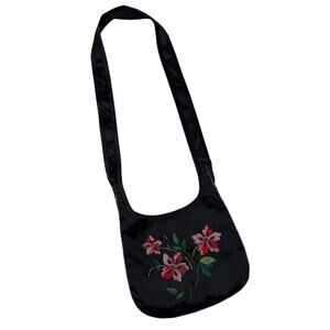 Garnet Hill Black Silk Embroidered Floral Crossbody Bag Fairy Whimsigoth Romance